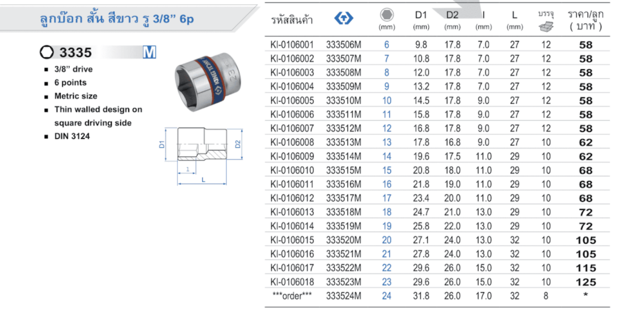 ลูกบ็อก สั้น สีขาว รู 3/8" 6p M (King Tony)