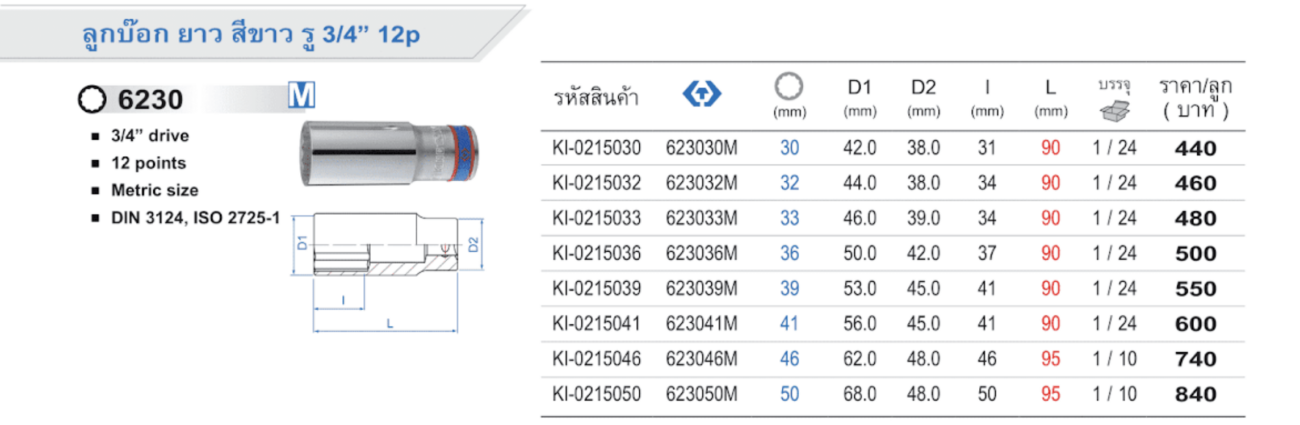 ลูกบ็อก ยาว สีขาว รู 3/4" 12p Deep Socket M (King Tony)