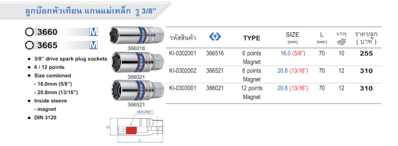 ลูกบ็อกหัวเทียน แกนแม่เหล็ก รู 3/8" M (King Tony)