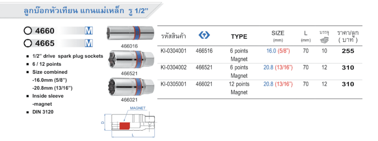 ลูกบ็อกหัวเทียน แกนแม่เหล็ก รู 1/2" M (King Tony)