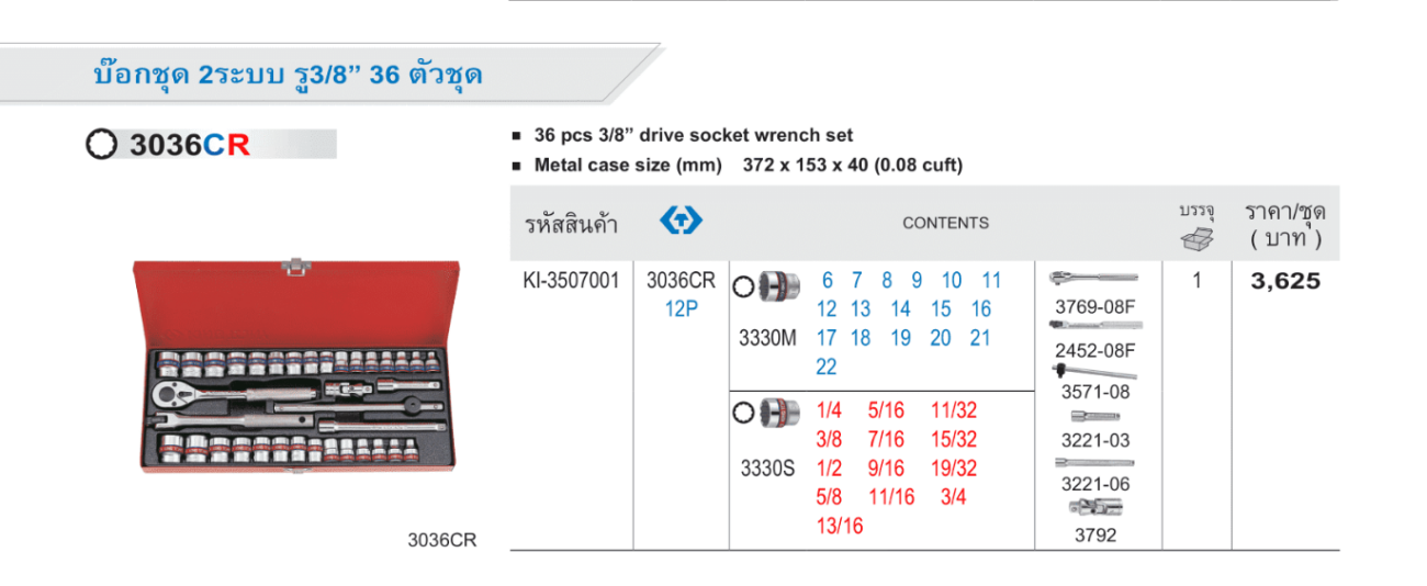 บ๊อกชุด 2 ระบบ รู 3/8" 36 ตัวชุด (King Tony)