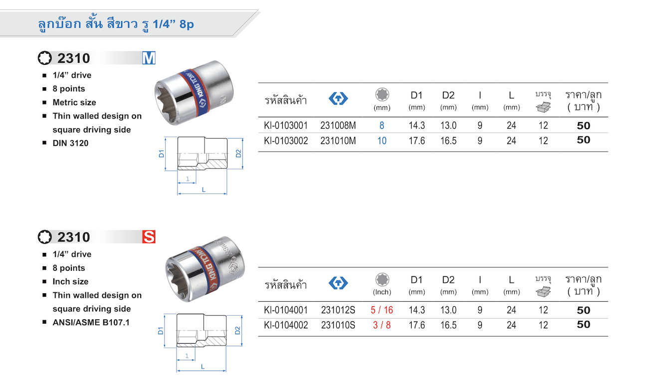 ลูกบ็อก สั้น สีขาว รู 1/4" 8p M (King Tony)