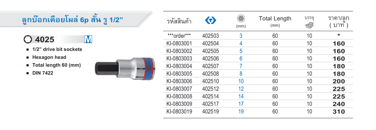 ลูกบ็อกเดือยโผล่ 6p สั้น รู 1/2" M (King Tony)